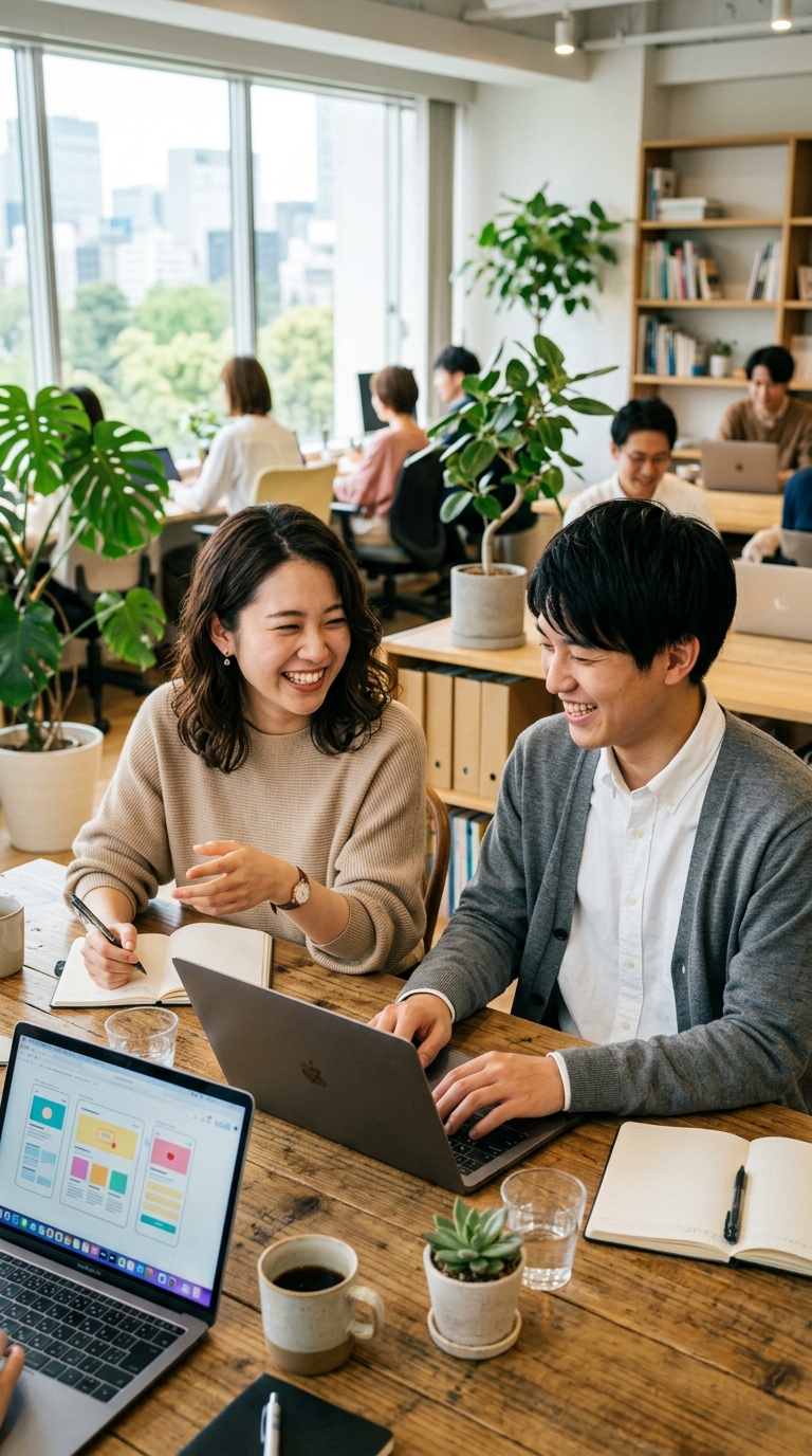 ミライブを通じて、明るいオフィスで協働する若手のふたり
